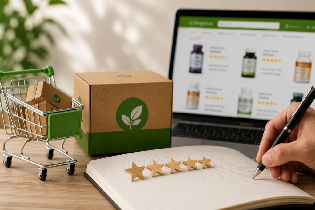 Writing an iHerb product review with a five-star rating next to an iHerb parcel and laptop