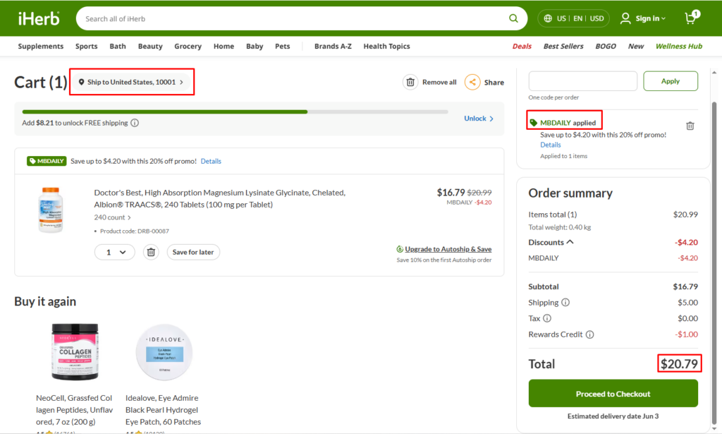iHerb United States storefront showing lower product price and active promo code