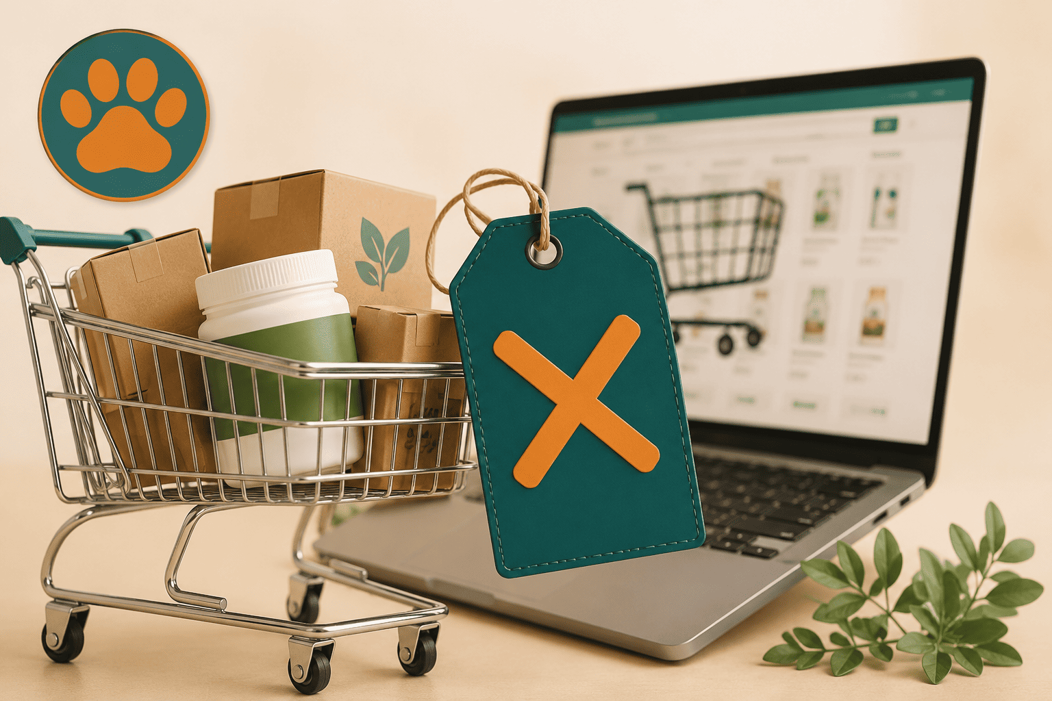 Conceptual illustration of an iHerb promo code error at checkout, showing a shopping cart and a blocked discount tag next to a laptop