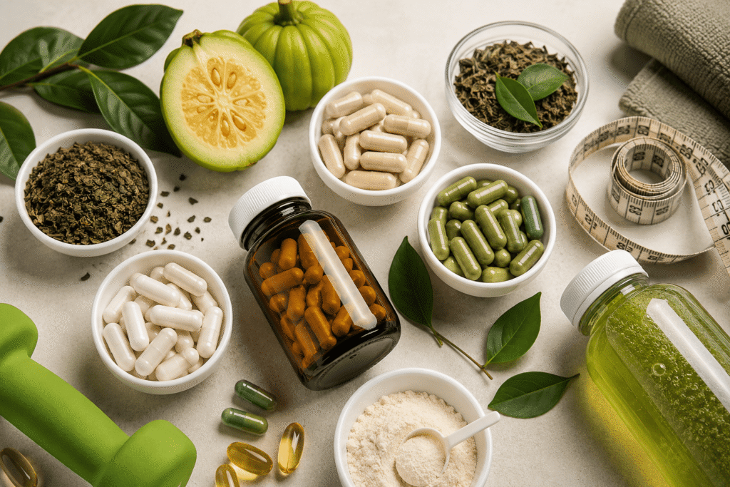 Flat lay of dietary supplements in bowls, capsules in a bottle, and fitness accessories for weight management