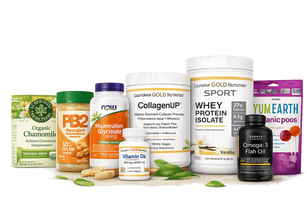 A collection of various health supplements and wellness products
