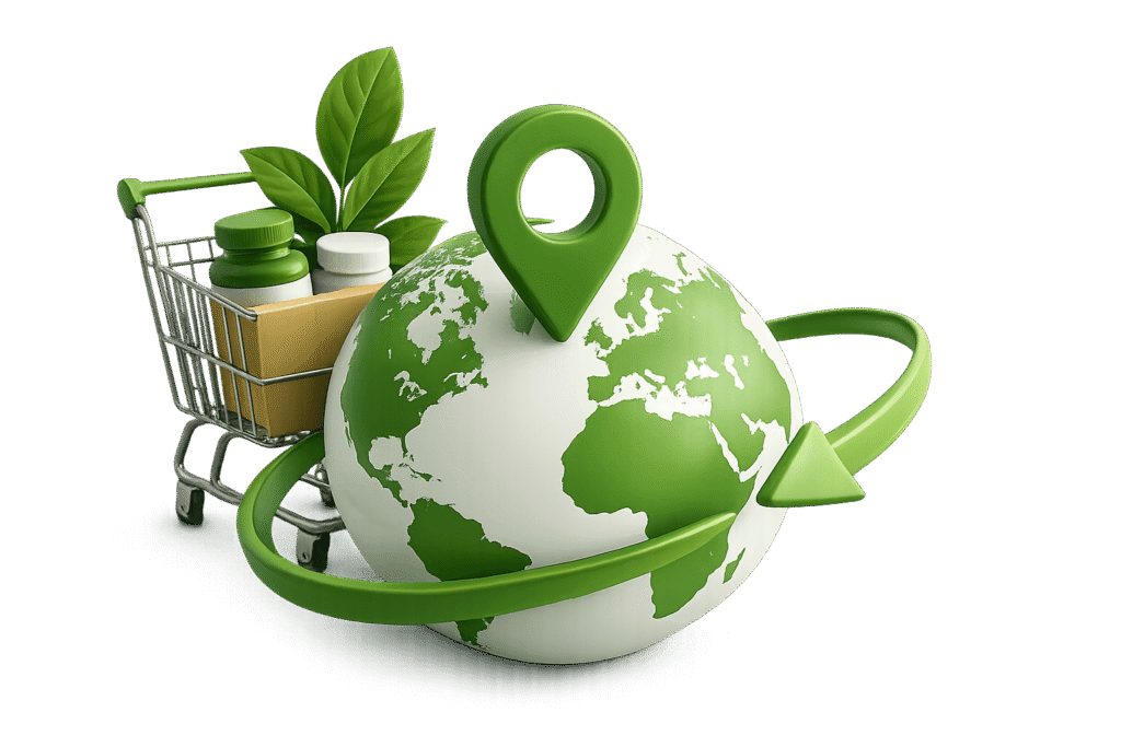3D illustration of global iHerb shopping, showing how country settings and regional storefronts influence product availability and prices